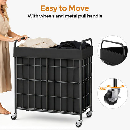 2 Section Laundry Hamper with Wheels and Brake, 100L Laundry Sorter Cart with 2 Removable Liner Bags, Metal Handle, Rolling Laundry Basket for Bedroom Laundry Room
