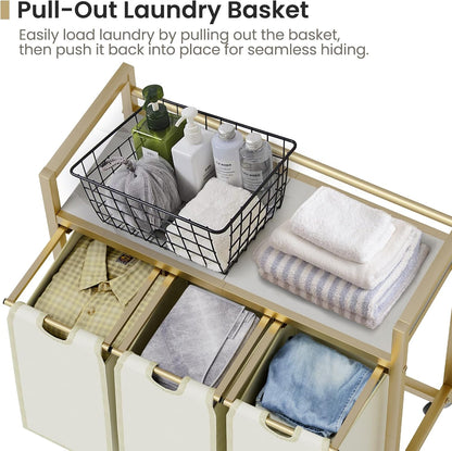 SwaaVee Laundry Sorter, Laundry Hamper 3 Section, 3×11.4Gal, Metal Frame Rolling Laundry Basket with Wooden Top Shelf, Pull out and Removable Laundry Bags, 3 Bags-Gray