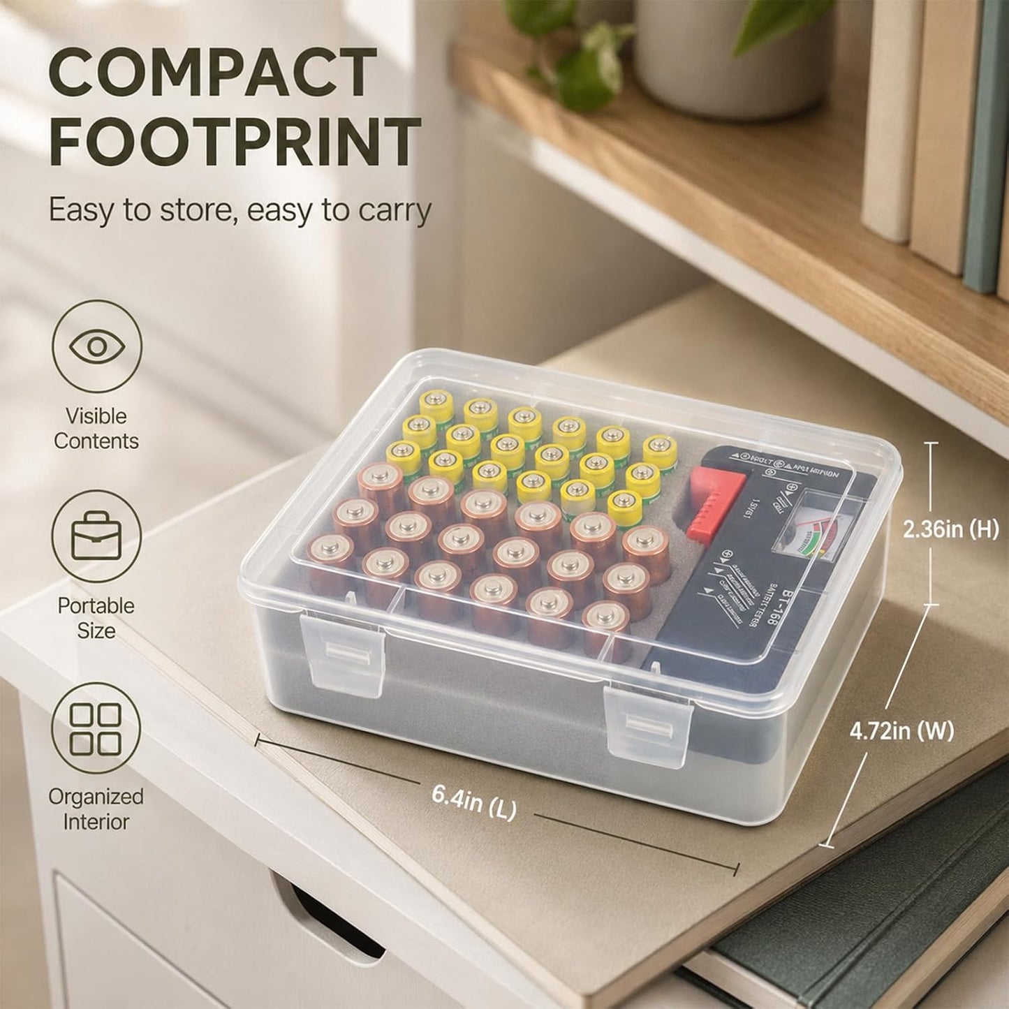 ALCYON Battery Organizer Storage Box with Test, Garage Case Holder for 18* AA, 18* AAA Batteries (Bag Not Include Batteries Pack)-White