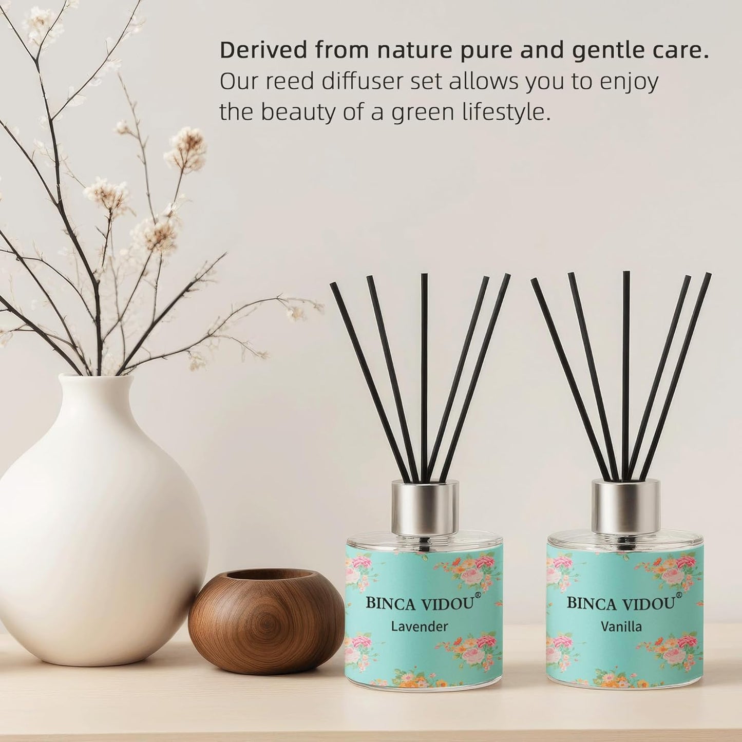 Reed Diffuser Set, Binca Vidou Lavender & Vanilla Natural Scent Oil Diffusers with Sticks for Home Office Bathroom Aromatherapy Decor 1.69oz x 2