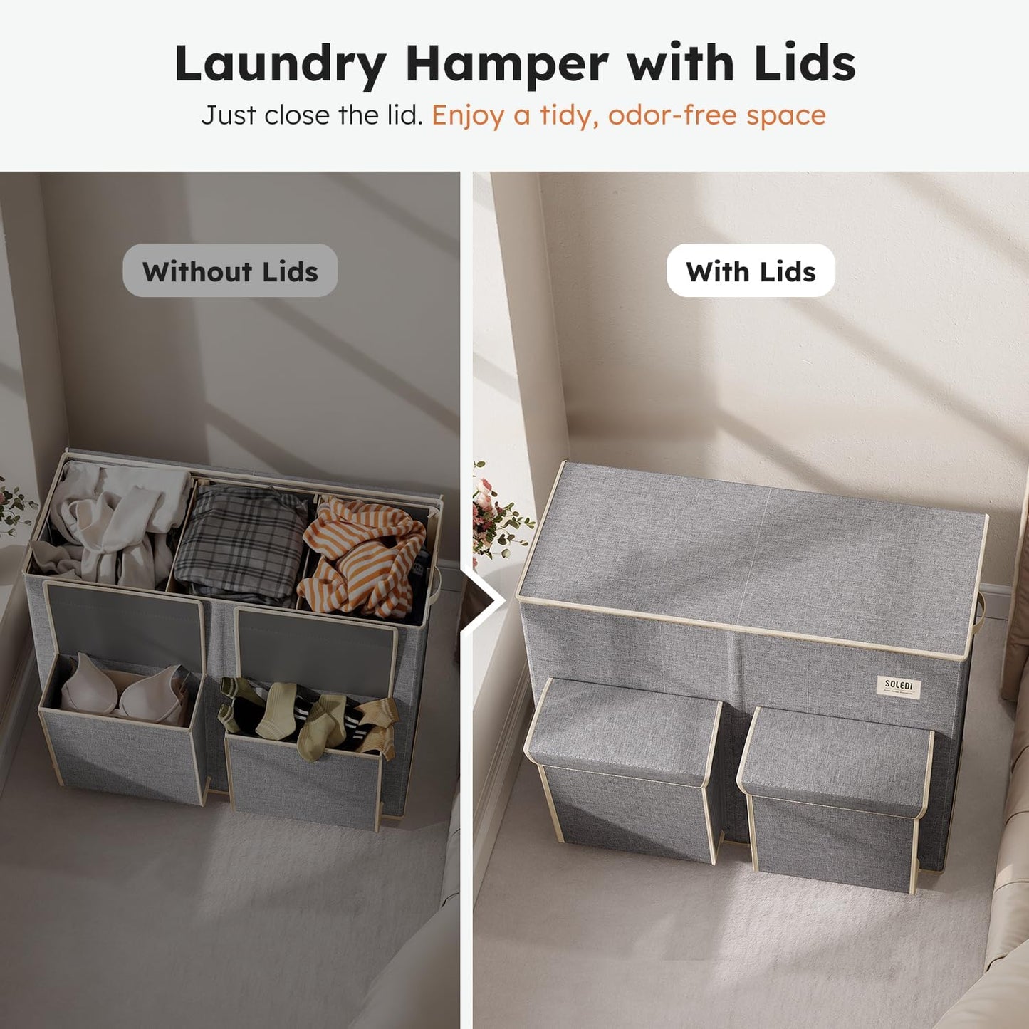SOLEDI 220L Laundry Hamper 3 Section,Extra Large Laundry Basket with Lid and 2 Side Pockets, Dirty Clothes Hamper with Removable Bag Easy to Carry for Laundry Room, Bedroom, Bathroom, Black