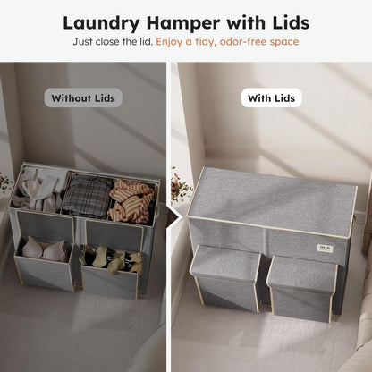 SOLEDI 220L Laundry Hamper 3 Section,Extra Large Laundry Basket with Lid and 2 Side Pockets, Dirty Clothes Hamper with Removable Bag Easy to Carry for Laundry Room, Bedroom, Bathroom, Black