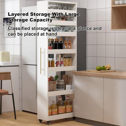 5.9'' Slim Rolling Storage Cart for Kitchen 7-Tier Narrow Wood Spice Rack with Handle Wheels Between Fridge or Pantry Space Saver(White,CH)