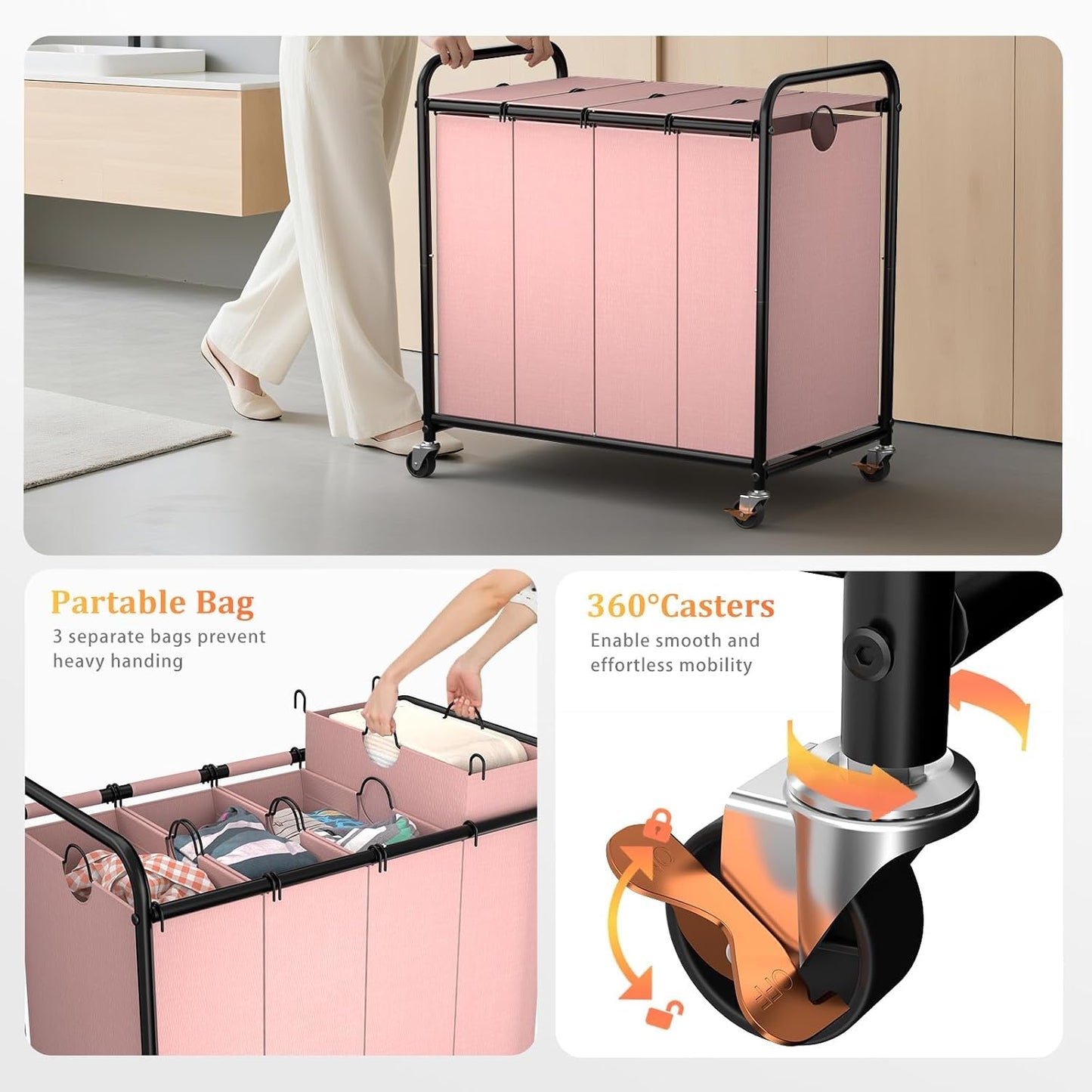 180L (47.55 Gal) Laundry Sorter 3 Section, Rolling Laundry Basket with Lockable Wheels and Lid, Laundry Hamper with 3 Separated Removable Bags Dirty Clothes Hamper for Laundry Room Organizer, Black
