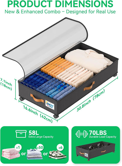 Under Bed Storage with Wheels, 2-Pack 58L Under the Bed Storage Containers with Lids, 1-Pack 15L Box, Organizer Bins Rolling Underbed Storage for Clothes, Underwear, Socks, Shoes - Delicate