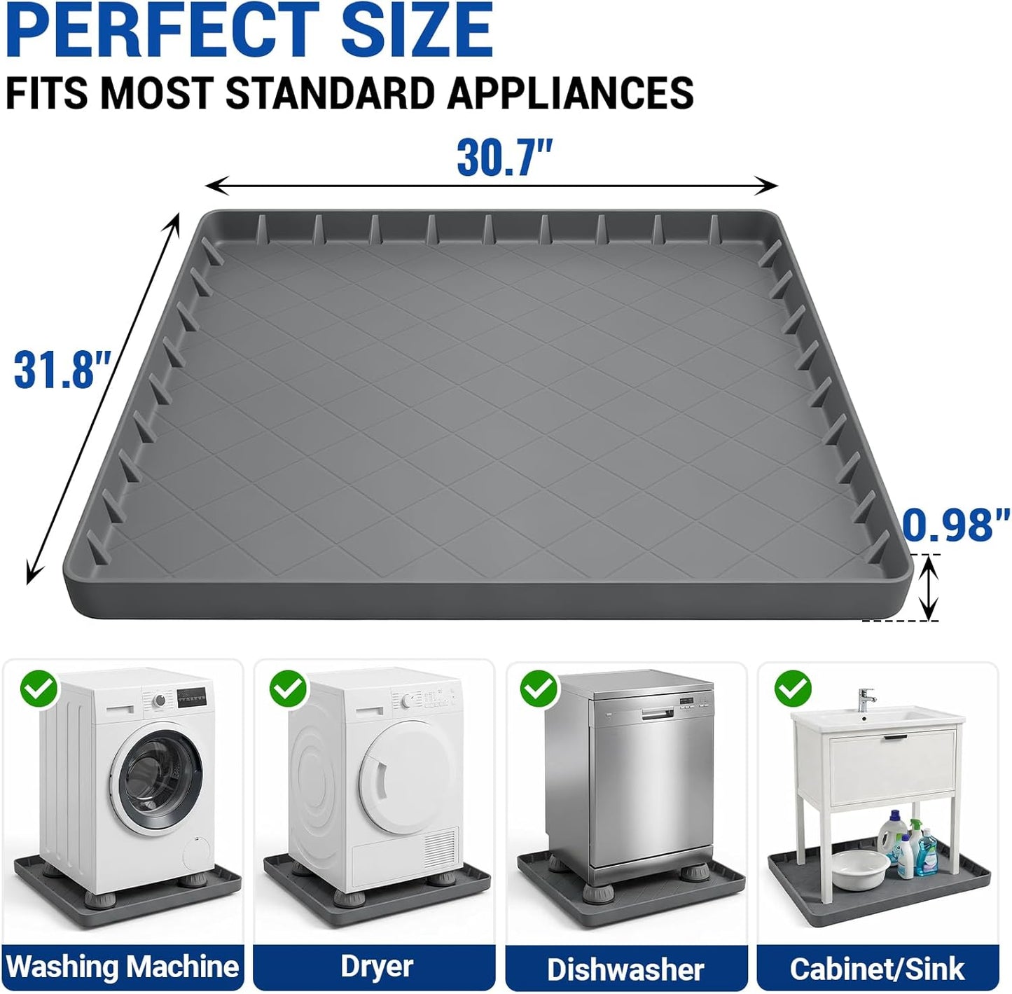 32"x31"x1" Washing Machine Drip Pan – Silicone Leak Proof Tray with 4 Anti Vibration Pads, Floor Protection for Washer, Dryer, Refrigerator