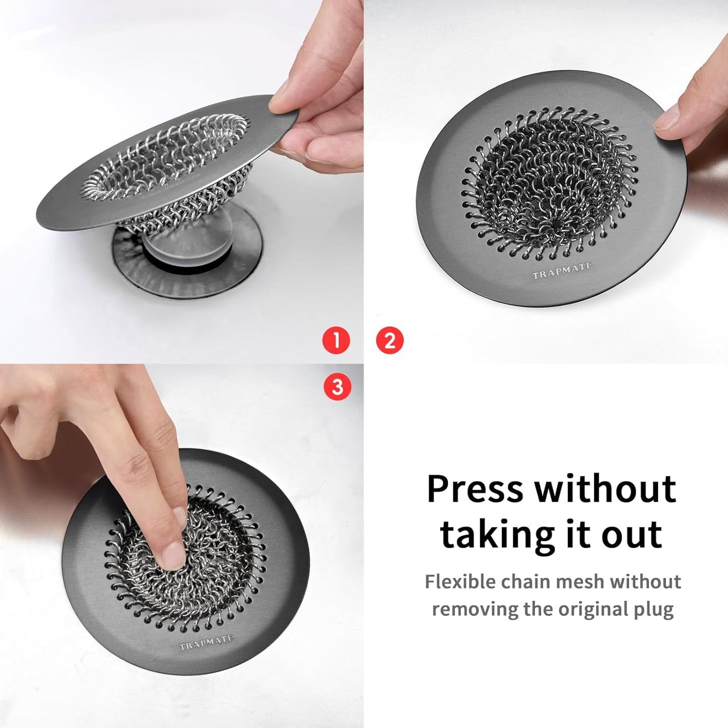 TRAPMATE Shower Drain Hair Catcher, 4.4" Easy Clean Bathtub Drain Hair Catcher, Anti-Slip Bath Tub Drain Protector, Upgraded 304 Stainless Steel Shower Sink Drain Cover for Bathroom (Patented Product)