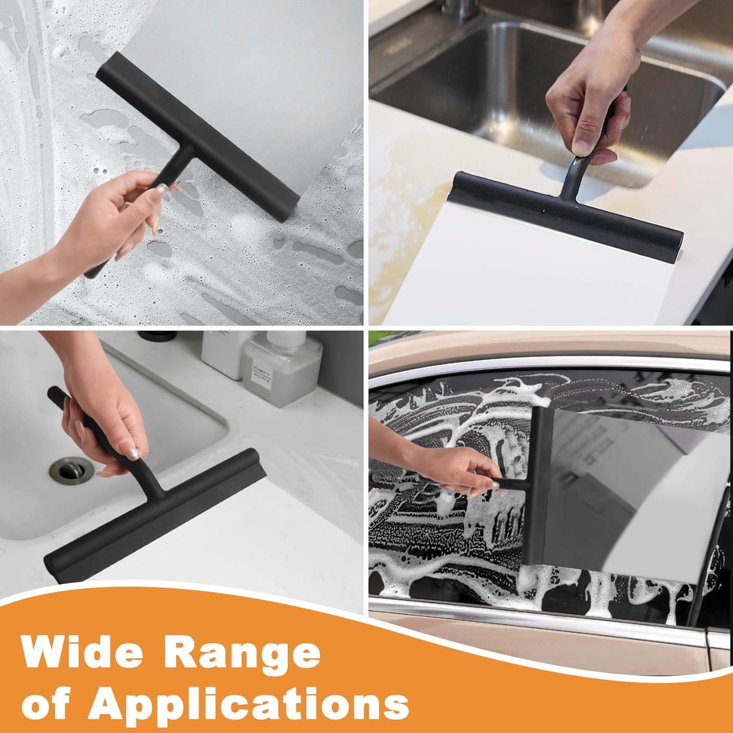 Squeegee for Shower Glass Doors, Resilient Loop - No-Drill & Adhesive Hook, Silicone Shower Squeegee with Stainless Steel Core, Cleaning Tool for Home, Kitchen, Bathroom & Car - Black