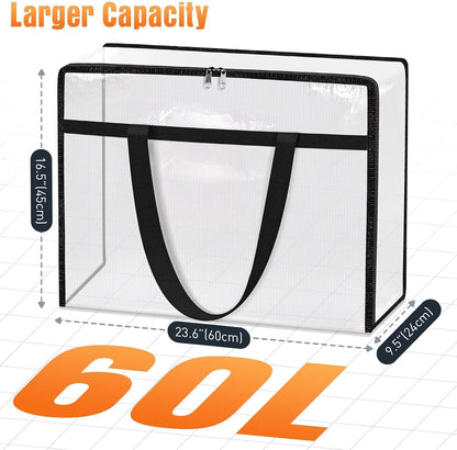 4 Packs Clear Under Bed Storage Containers - 60 L Large Capacity Clothes Storage Bags with Lid & Sturdy Handles, Foldable Moving Bags, Clothing Organizer Totes for Bedding, Comforter, Sheet