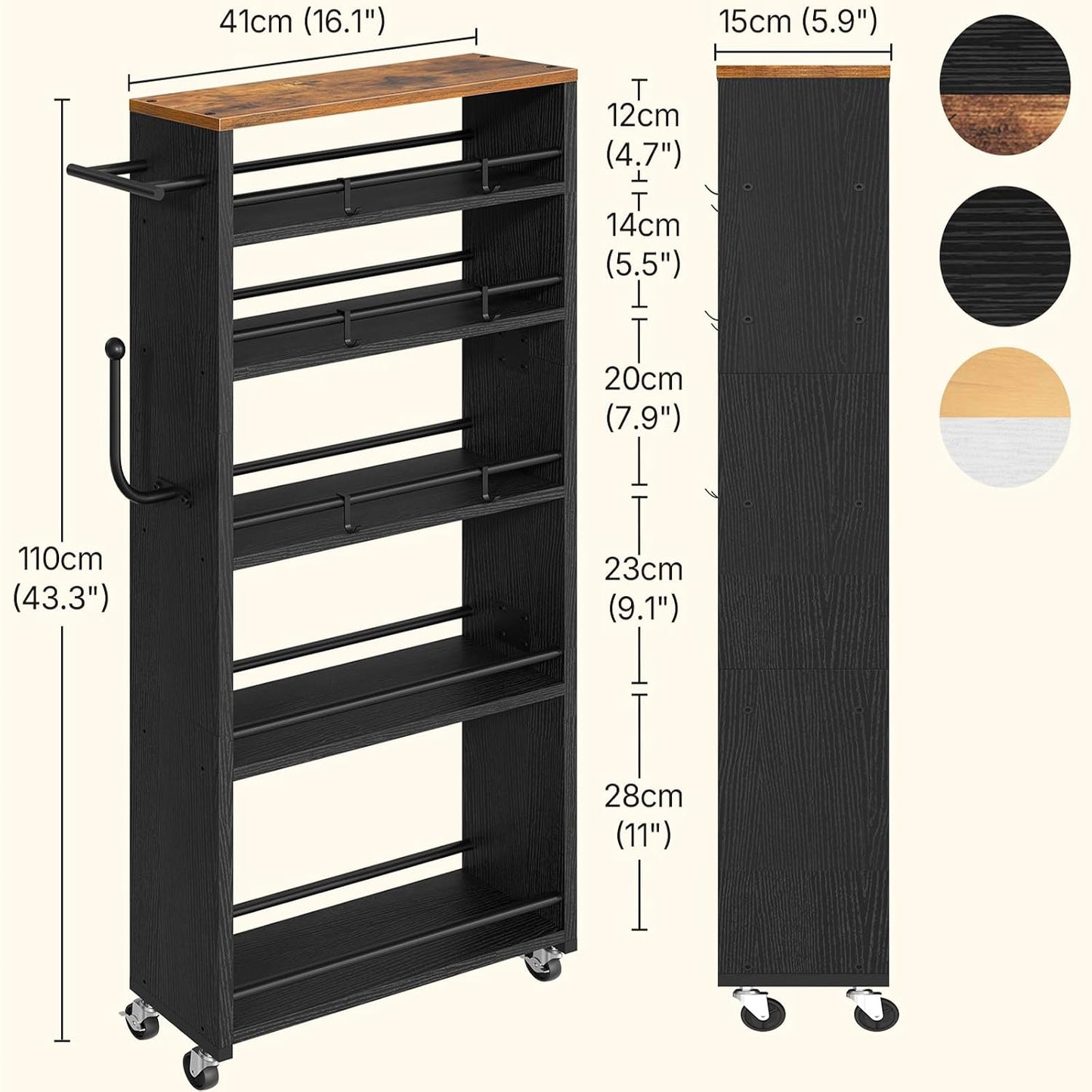 YATINEY 6 Tier Slim Storage Cart, Rolling Utility Cart with 360° Lockable Casters, Handle and 6 Hooks, Space Saving Organizer for Kitchen, Bathroom, Laundry Room, White BC11WN
