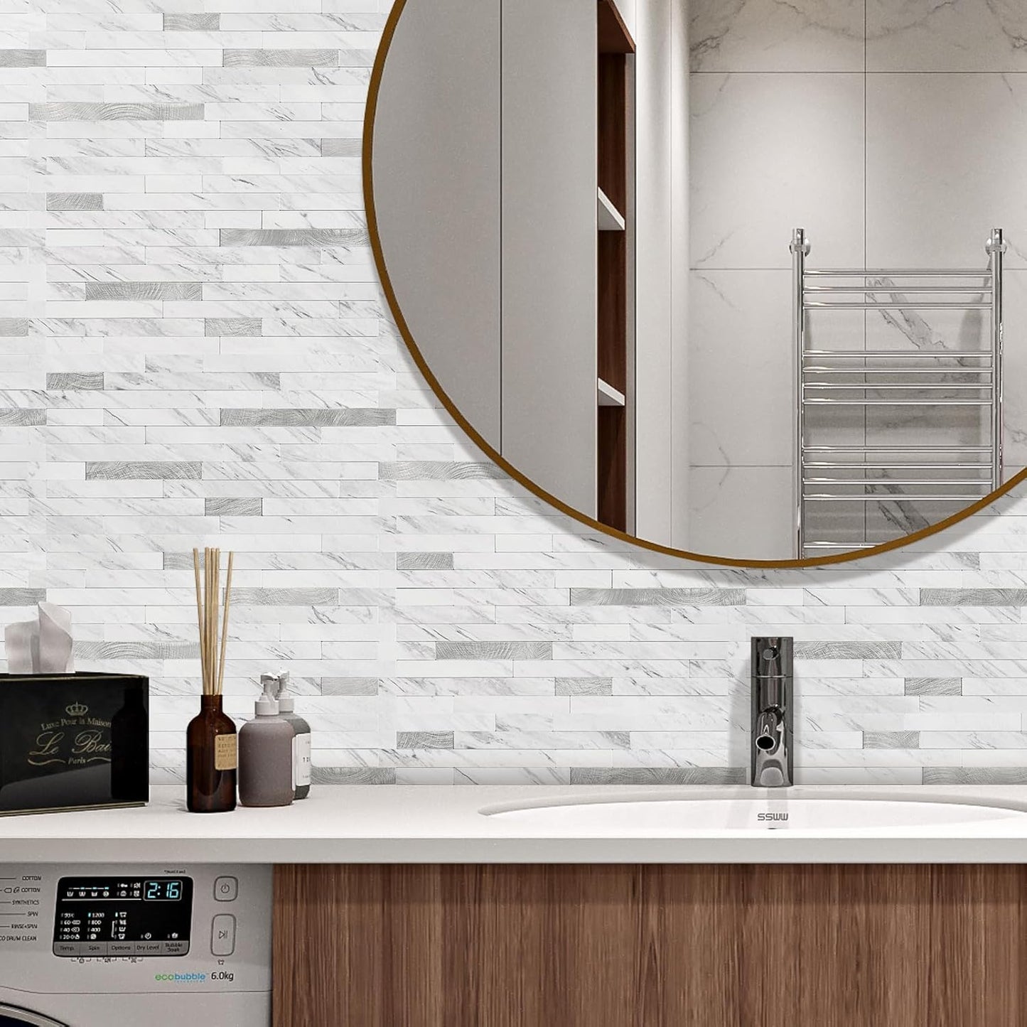 STICKGOO 20 Sheets Peel and Stick Backsplash Tile, Stick on Backsplash for Kitchen and Bathroom, White Sandstone Look PVC Mixed Metal Gold Self Adhesive Wall Tiles