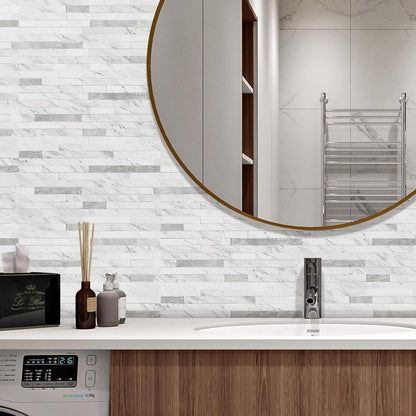 STICKGOO 20 Sheets Peel and Stick Backsplash Tile, Stick on Backsplash for Kitchen and Bathroom, White Sandstone Look PVC Mixed Metal Gold Self Adhesive Wall Tiles