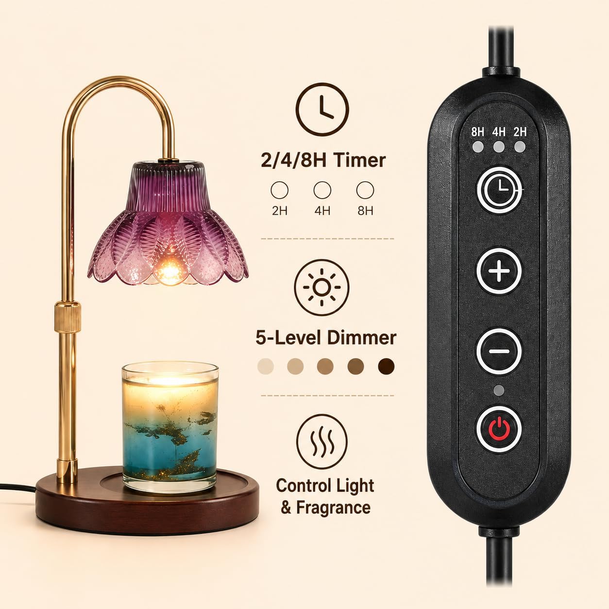 Candle Warmer Lamp with Timer, Dimmer, Vintage Glass Shade | Adjustable height, 2/4/8-hour timer, wood base, 2 bulbs included