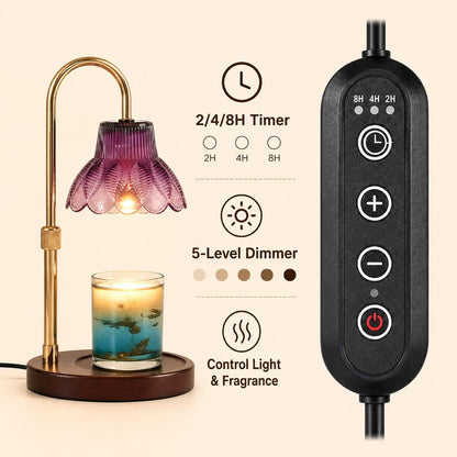 Candle Warmer Lamp with Timer, Dimmer, Vintage Glass Shade | Adjustable height, 2/4/8-hour timer, wood base, 2 bulbs included