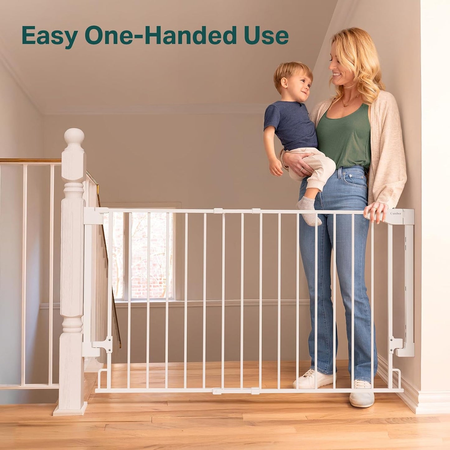 Cumbor 29.2–43" Baby Gate for Stairs, Hardware Mounted (Drill Required), Expandable No Bottom Bar Dog Gate, Auto Close Extra Wide Walk Thru, Pet & Toddler Proof Gate, Top & Bottom of Stairways (White)
