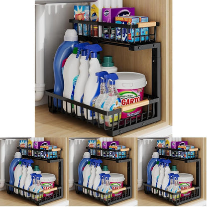 Under Sink Organizer Storage for Families: Pull Out Storage Undersink Organizers Drawer Cabinet - Sliding 2 Tier Rack Metal Organization Under Counter Kitchen Bathroom for Homemakers(White,1 Pack)
