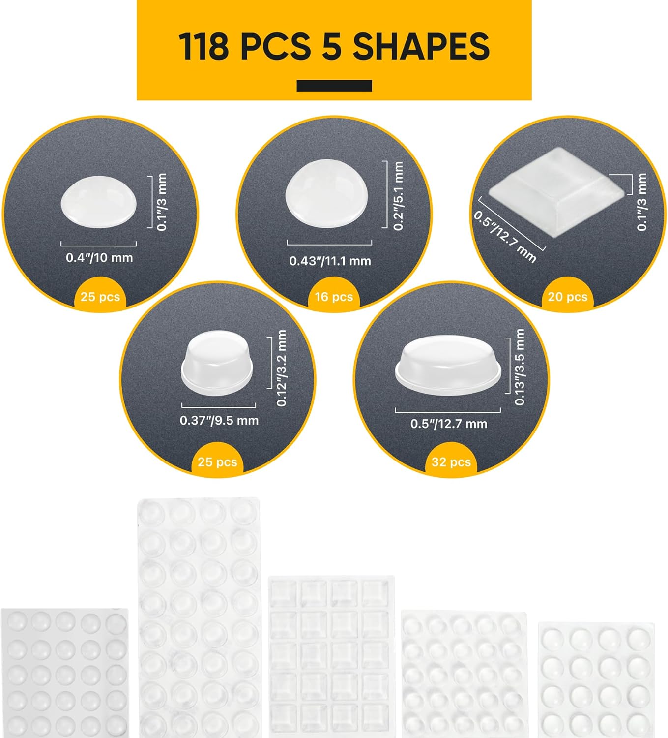 128 Clear Cabinet Bumper Pads – Self-Adhesive Silicone Set with 5 Unique Shapes for Doors, Drawers & Furniture – Premium Sound Dampening Pads for Surface Protection