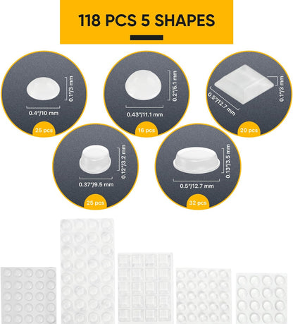 128 Clear Cabinet Bumper Pads – Self-Adhesive Silicone Set with 5 Unique Shapes for Doors, Drawers & Furniture – Premium Sound Dampening Pads for Surface Protection