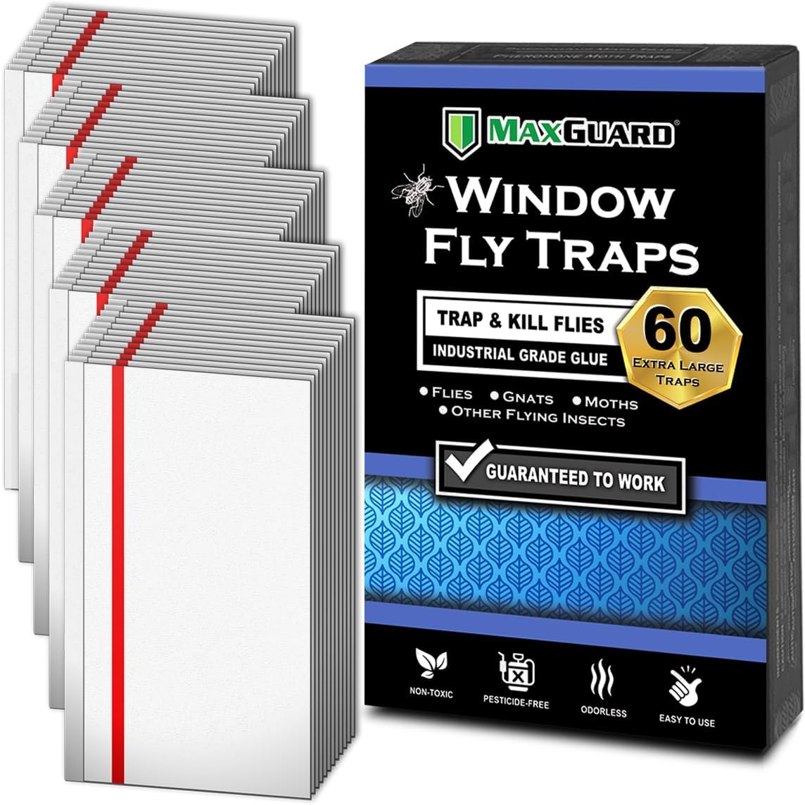 MaxGuard Window Fly Traps (24 XL Traps) Catch & Kill Houseflies, Flying Insects & Bugs. Non-Toxic Sticky Glue Traps Fly Killer Clear Strip Insect Catcher Safe No Zapping with Zapper |