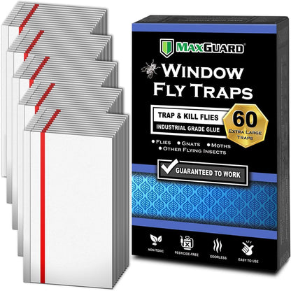 MaxGuard Window Fly Traps (24 XL Traps) Catch & Kill Houseflies, Flying Insects & Bugs. Non-Toxic Sticky Glue Traps Fly Killer Clear Strip Insect Catcher Safe No Zapping with Zapper |