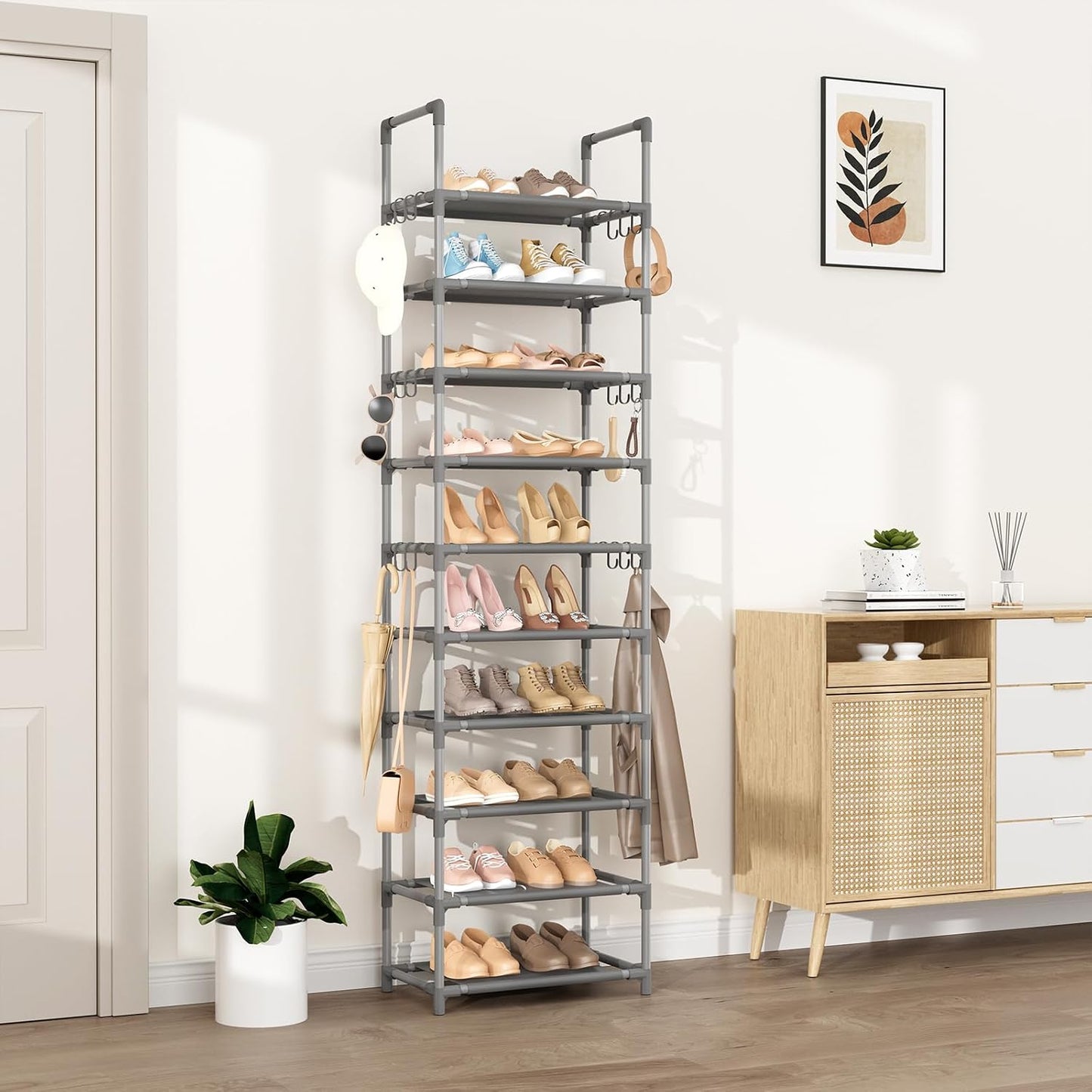 VTRIN 10 Tiers Tall Shoe Rack Holds 20-25 Pairs of Shoes Sturdy Vertical Shoe Organizer with 18pcs Hooks Stackable Narrow Shoe Rack for Closet, Entryway Black