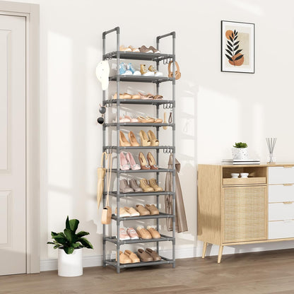 VTRIN 10 Tiers Tall Shoe Rack Holds 20-25 Pairs of Shoes Sturdy Vertical Shoe Organizer with 18pcs Hooks Stackable Narrow Shoe Rack for Closet, Entryway Black