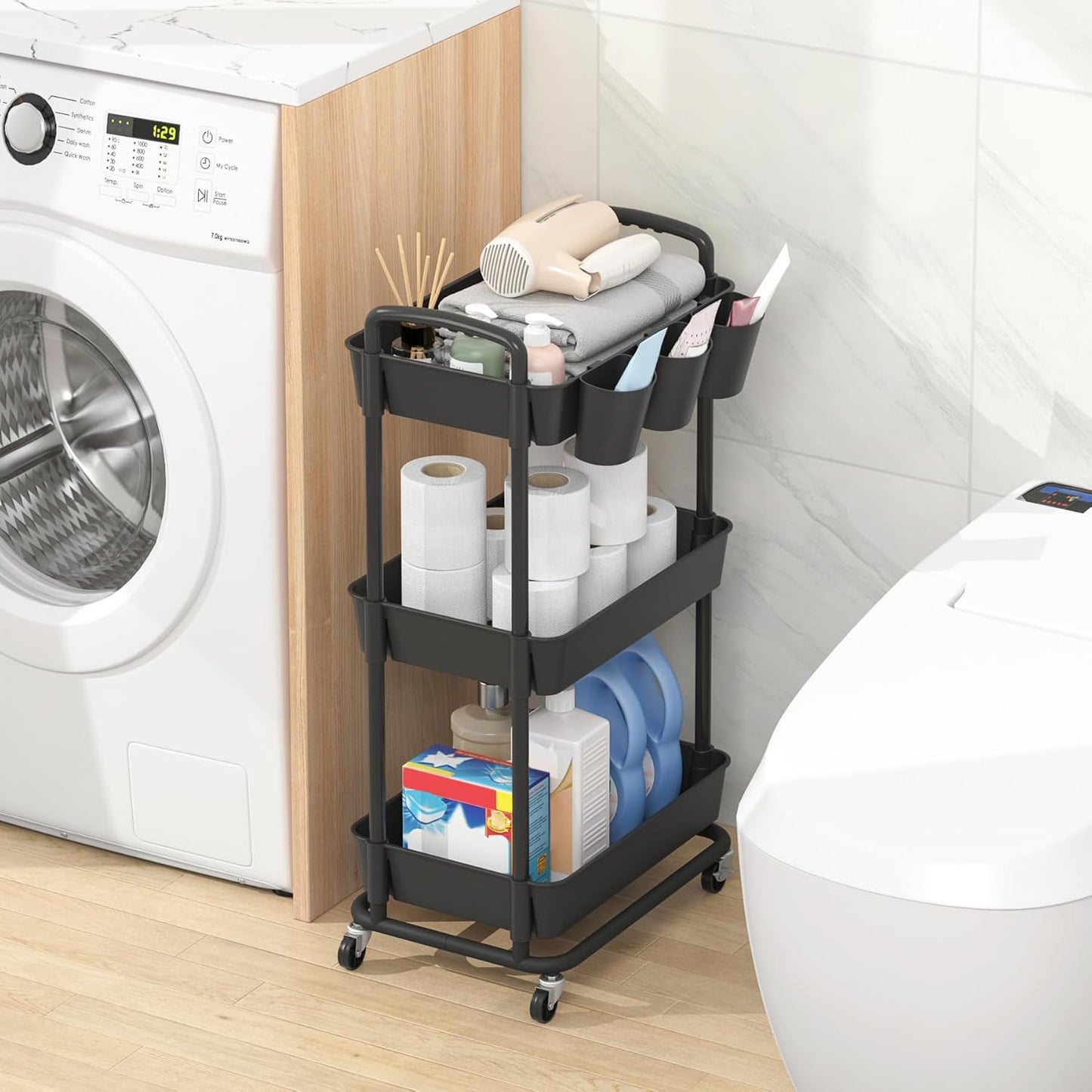 JIUYOTREE 4-Tier Plastic Rolling Storage Cart Utility Cart with Extra Hanging Cups Handles Lockable Wheels for Living Room Bathroom Kitchen Office White