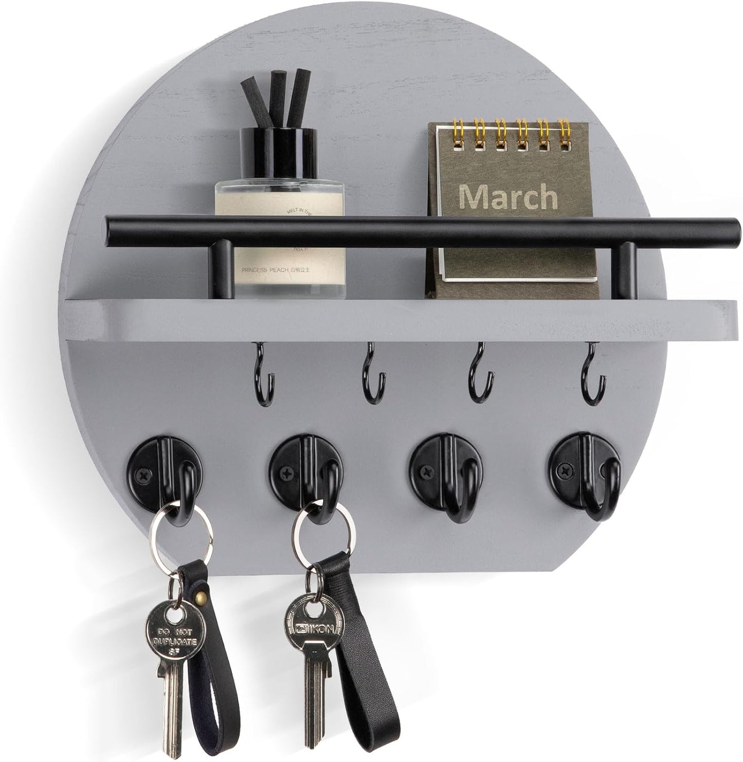 Nekon Key Holder for Wall - 9.8 Inch Apartment Wall Decor with Shelf and 8 Key Hooks, Circular Wood Key Hanger for Home Decor (Black with Golden Hooks)