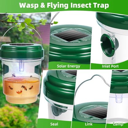 2026 Upgraded Solar Wasp Traps Outdoor Hanging with LED Light - Reusable Yellow Jacket Hornet Traps Carpenter Bee Catcher for Garden Orchard Bug Deterrent, 4 Pack