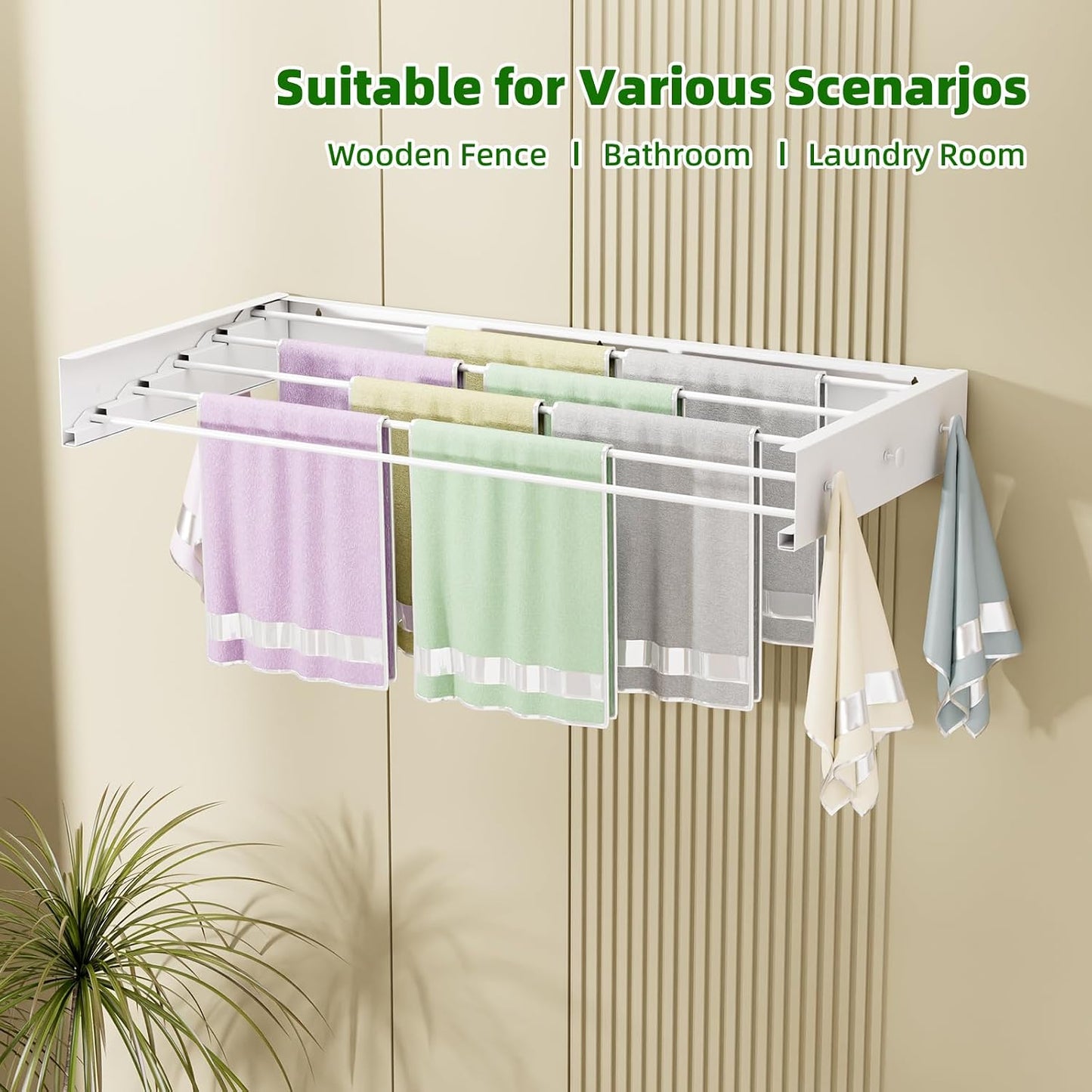 Wall Mounted Drying Rack 23.6'', Foldable Laundry Drying Rack Wall Mount with 4 Towel Hooks and 4 Rods, Space Saving Drying Rack Clothing for Indoor Outdoor Bathroom Balcony (White, 23.6'')