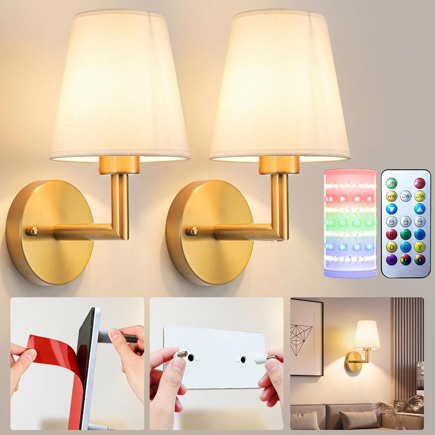 Nekhung Battery Operated Wall Sconces Set of Two, Wireless Battery Wall Light with 10000mAh RGB Dimmable Magnetic Bulb and Remote, Rechargeable Sconce Wall Decor for Bedroom Living Room Hallway