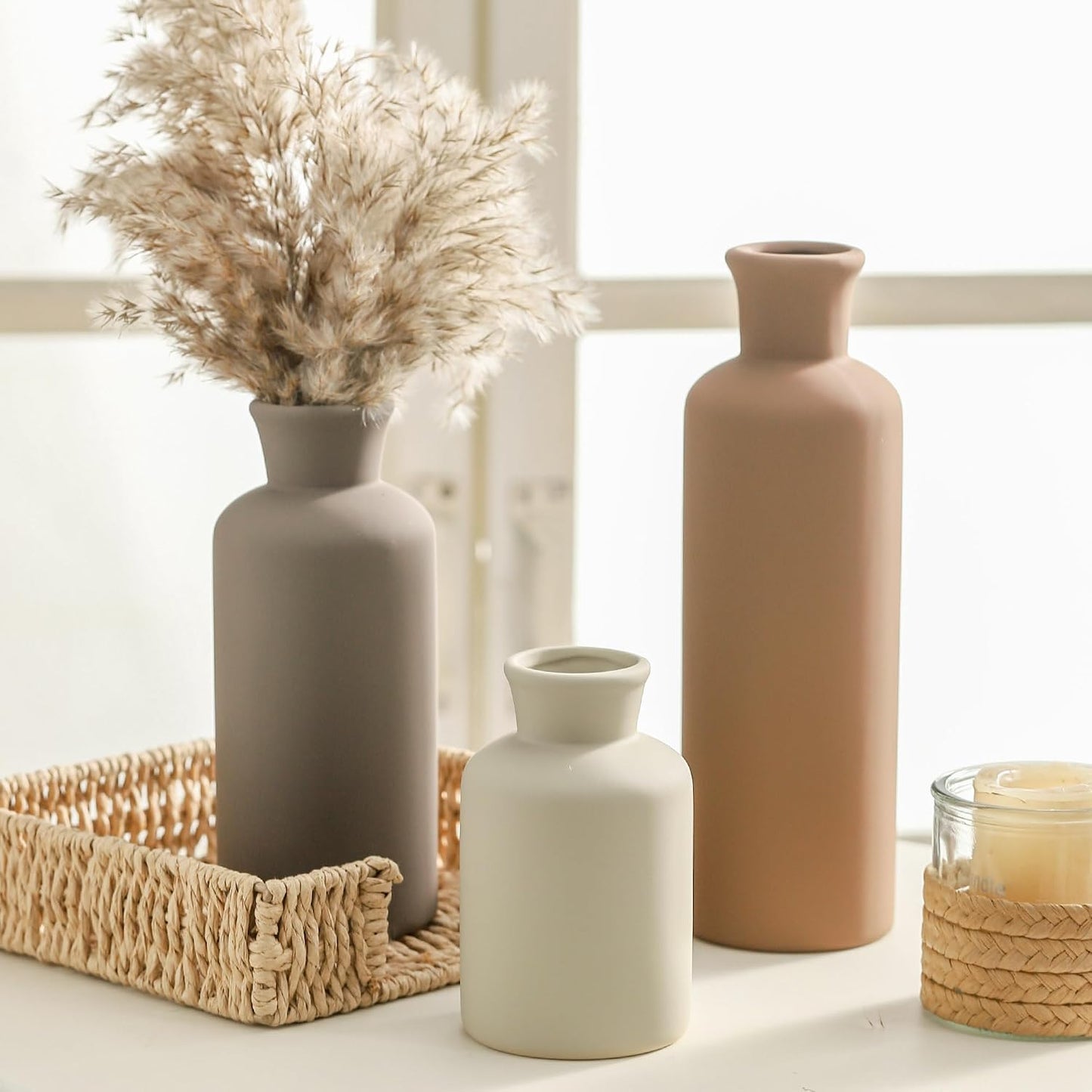 Ceramic Vase Set of 3, Decorative Vases Home Decor Modern Neutral Flower Pampass Boho Vase for Living Room, Table, Mantel, Entryway, Bookshelf, Kitchen, Bedroom, Bathroom - White