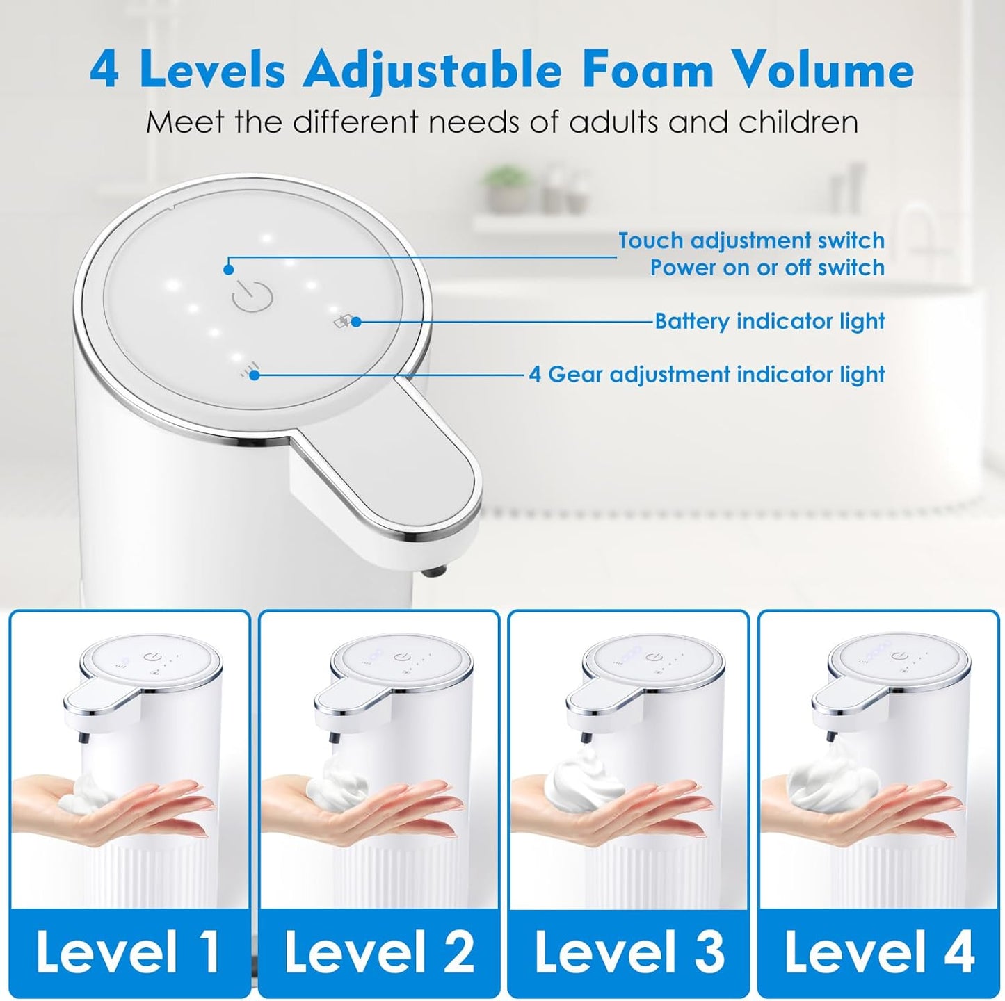 XINKORA 2 Pack Automatic Soap Dispenser Touchless, Rechargeable Foaming Hand Soap Dispenser, 4-Level Adjustable Foam for Bathroom Countertop, Electric (White)