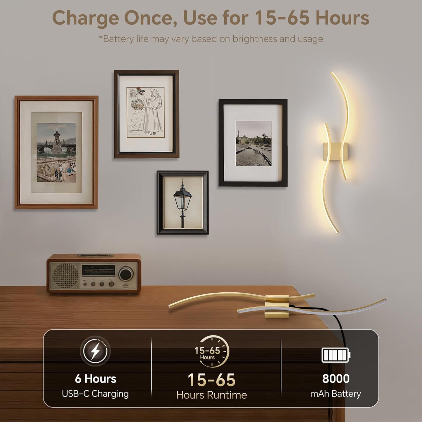 Battery Operated Wall Sconce Set of 2, Dimmable Modern LED Rechargeable Wall Light with Remote Control, Wall Decor for Living Room, Hallway, Quick Install, No Electrician Required