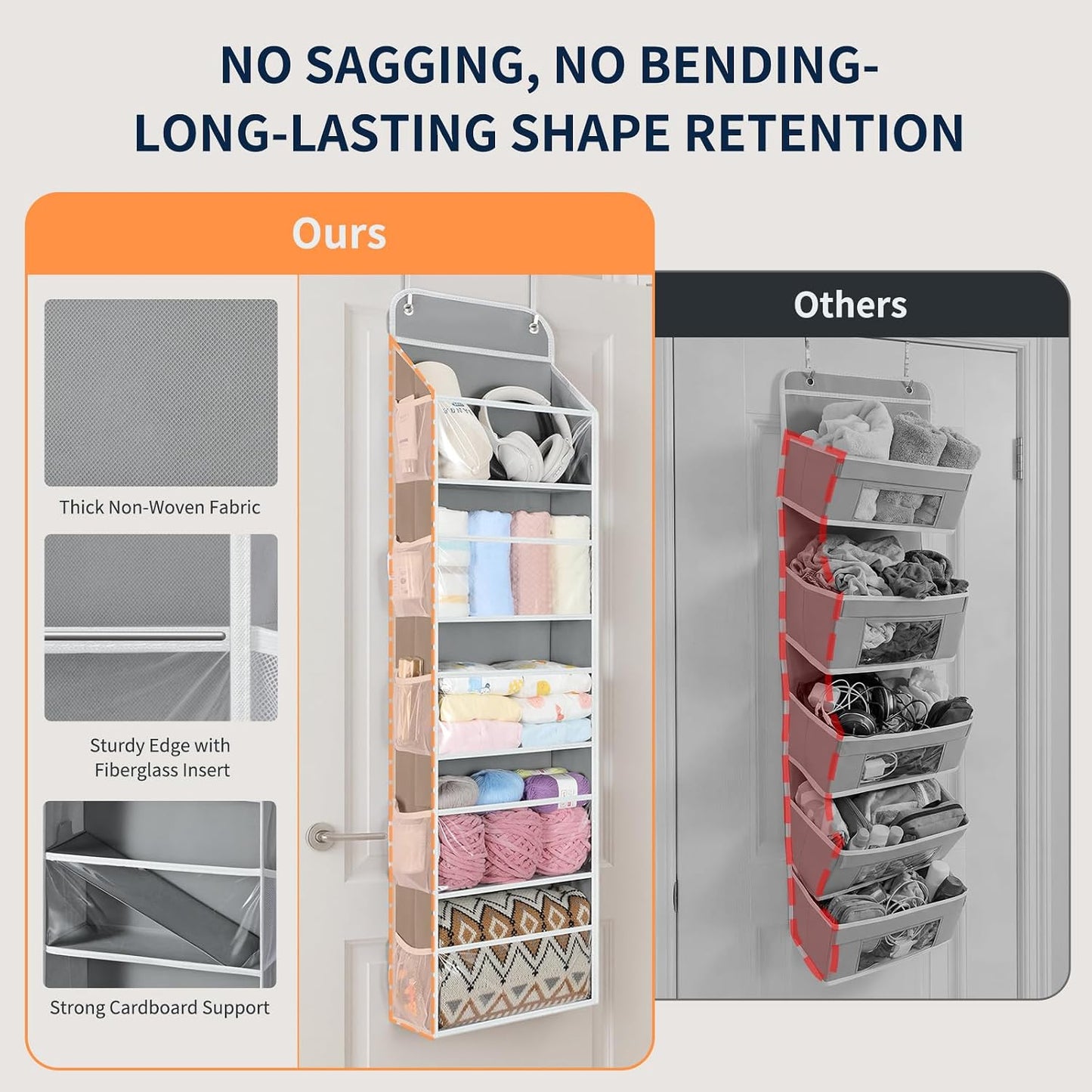 Yecaye 5-Tier Over the Door Organizer Hanging, Toy Stuffed Animal Storage, Behind the Door Storage with 5 Clear View Windows & 10 Side Pockets, Over the Door Storage for Bathroom Closet Nursery, Grey