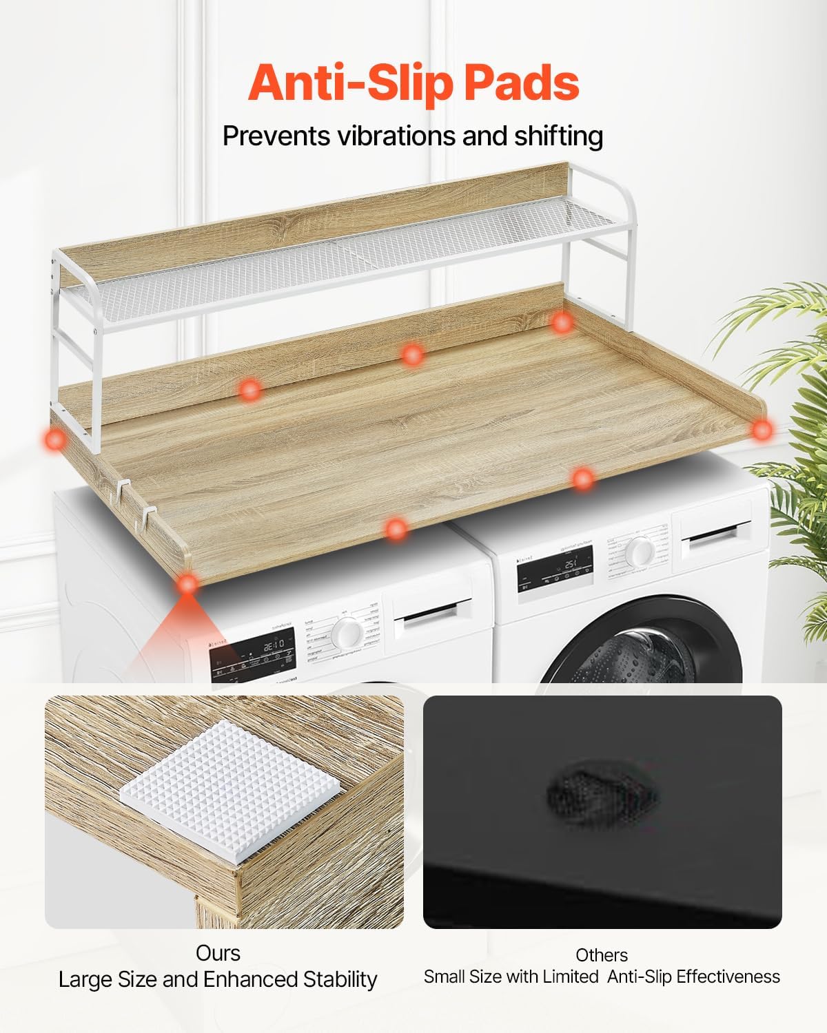VEVOR Washer Dryer Countertop with 2-Tier Shelf, 54" x 27" Wooden Washer and Dryer Countertop with Anti-Slip Pads, Water-Resistant Laundry Topper Cover for Laundry Room Organization and Storage, Black