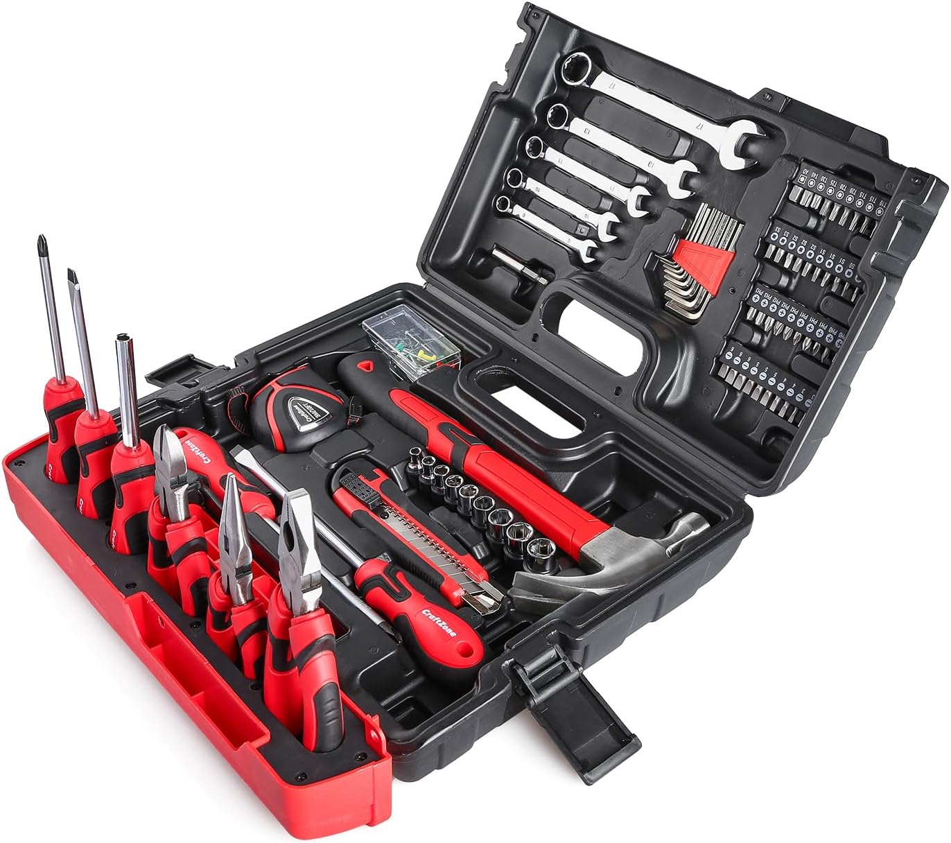 75-Piece Home Tools Kit, General Basic Household Hand Tool Kit with Plastic Toolbox Storage Case, Integrated Standing Tool Ract, for College Students, Emergency repair, Home Use & More