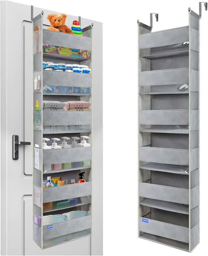 Over The Door Organizer 5-Shelves and 10 Side Pockets, Over The Door Storage for Bathroom Bedroom Nursery, Hanging Door Organizer for Baby Diapers and Kids Toys (13"x5"x44", Grey)