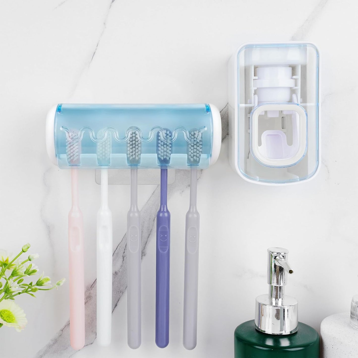 1 PCS Self Adhesive Toothbrush Holder with Cover for Bathroom, 5-Slot Wall Mounted Toothbrush Organizer Rack for Shower, Dorm, Cabinet