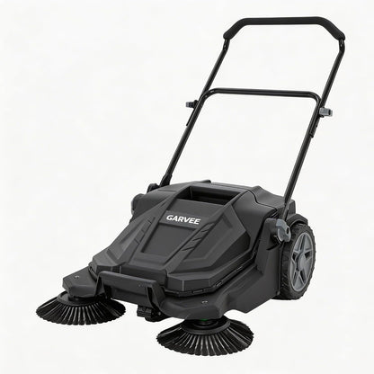 Walk-Behind Outdoor Hand Push Floor Sweeper, 25.6 Inch Wide Manual Non-Electric Sweeper with 5.25 Gallon Waste Bin, Adjustable Folding Handle Heavy Duty Yard Sweeper for Garage Patio Walkway Driveway