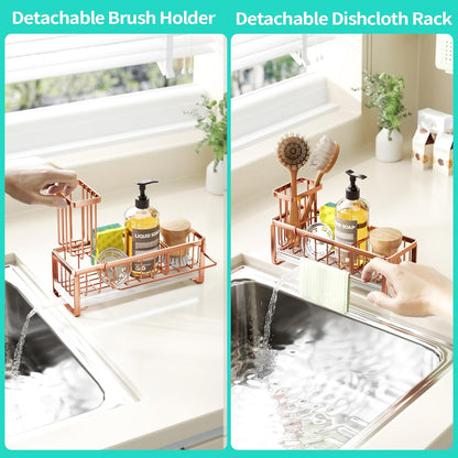 HapiRm Sponge Holder for Kitchen Sink - Self-draining Sink Caddy with Brush and Dishcloth Holders, Stainless Steel Kitchen Countertop Organizers and Storage Essentials - Black