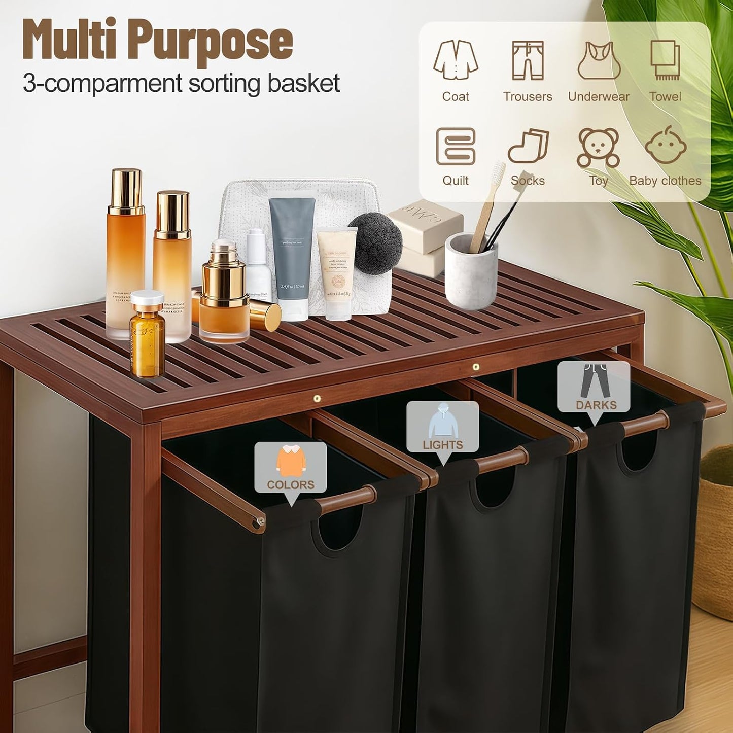 Bamboo Laundry Hamper 3 Section with Lid, 150 L Laundry Sorter with Pull-Out Removable Washable Bags, 3 × 12.5 Gal Divided Laundry Baskets for Laundry Room, Bathroom (Black)