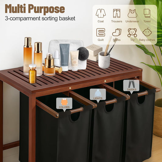 Bamboo Laundry Hamper 3 Section with Lid, 150 L Laundry Sorter with Pull-Out Removable Washable Bags, 3 × 12.5 Gal Divided Laundry Baskets for Laundry Room, Bathroom (Black)