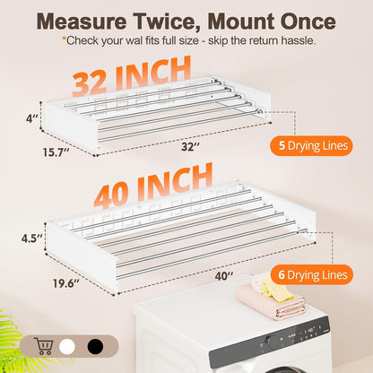 Wall Mounted Clothes Drying Rack Folding Indoor, Foldable Laundry Drying Rack Collapsible,Invisible, Space Saving, Retractable Towel Drying Rack, with Wall Template(5 Drying Rods, White 32")