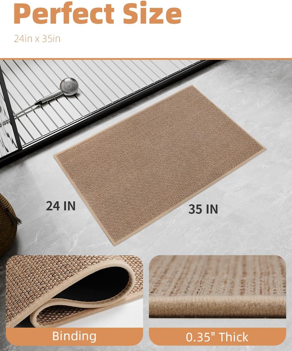 PADOOR Non-Slip Bath Mat With Rubber-Backing, Braided Absorbent Machine Washable Thin Rug for Bathroom Floor, Quick Dry, Fits Under Door, 17''x24'' Beige