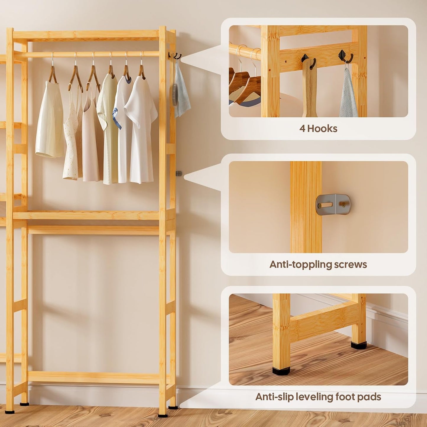 Cozivolife Over The Washer and Dryer Storage Shelf Bamboo,5 Tiers Laundry Room Drying Rack with Adjustable Shelves and 4 Hooks,Space Saver Organizer for Hanging Clothes and Towels (White)