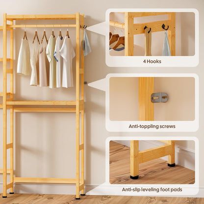 Cozivolife Over The Washer and Dryer Storage Shelf Bamboo,5 Tiers Laundry Room Drying Rack with Adjustable Shelves and 4 Hooks,Space Saver Organizer for Hanging Clothes and Towels (White)