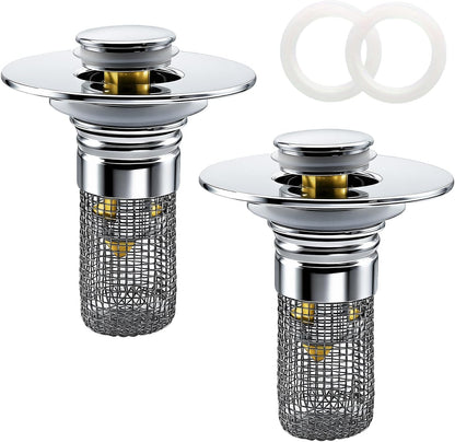 Bathroom Sink Drain Strainer, Pop-up Sink Drain Strainer with Removable Strainer Basket Hair Catcher, Bathroom Sink Stopper,2 Packs