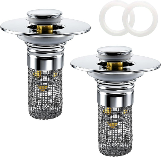Bathroom Sink Drain Strainer, Pop-up Sink Drain Strainer with Removable Strainer Basket Hair Catcher, Bathroom Sink Stopper,2 Packs