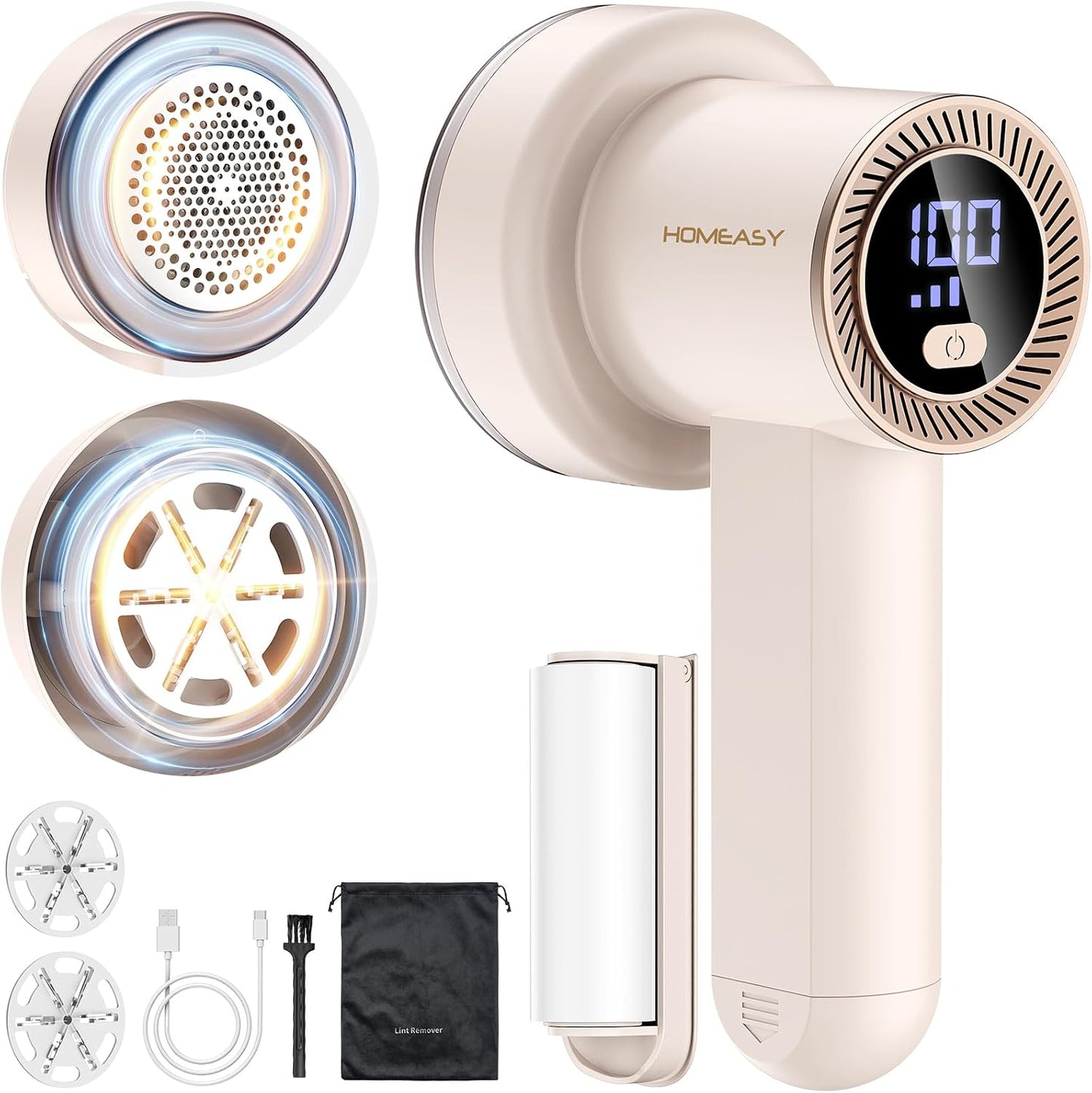 Fabric Shaver Fuzz Remover Rechargeable, HOMEASY Electric Lint Remover Shaver with 3 Blades & LED Digital Display, Sweater Couch Fabric Pill Shaver for Sweater, Couch, Furniture (White)